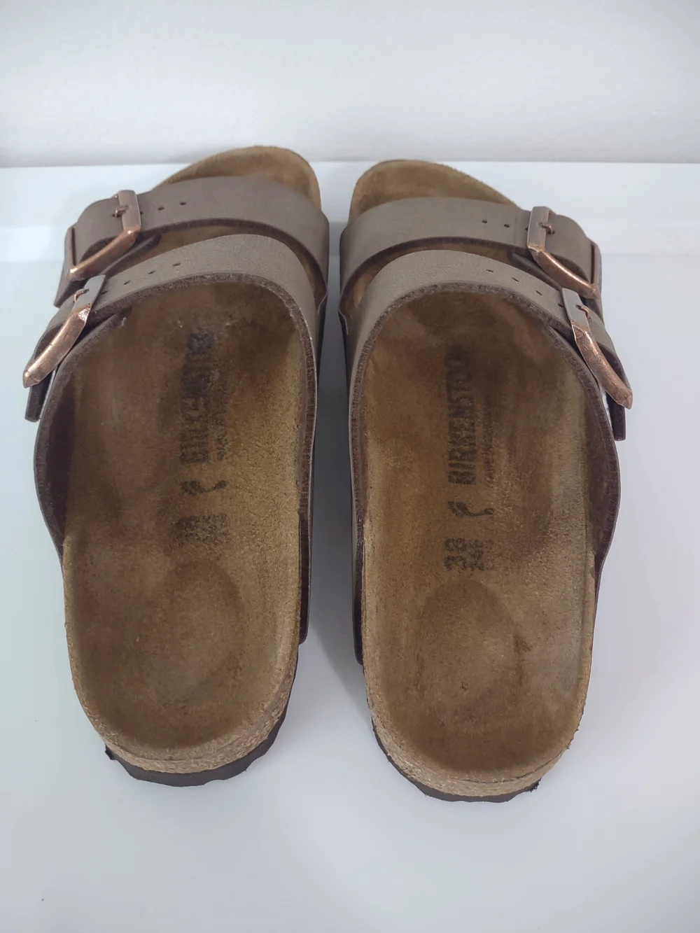 Birkenstock Double-Strap Sandals in Taupe with Rose Gold Buckles 38 Regular